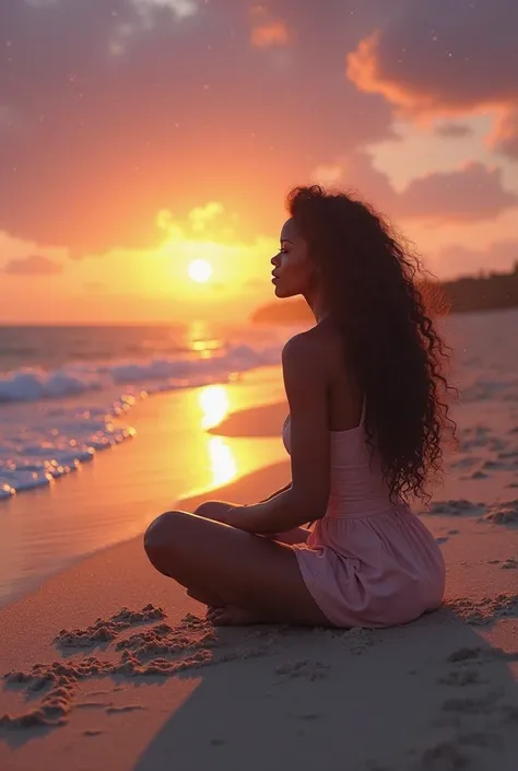 Femme noire rêveuse écrivant surl e sable Good night sur une plage au coucher du soleil