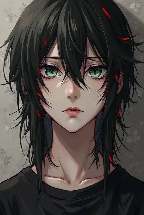 19 years old boy with pale skin, shoulder lenght straight black hair with red strikes, lip piercings and black rock band t-shirt, his eyes are dark something betwen green and gray, make his face look serious, give him anime look