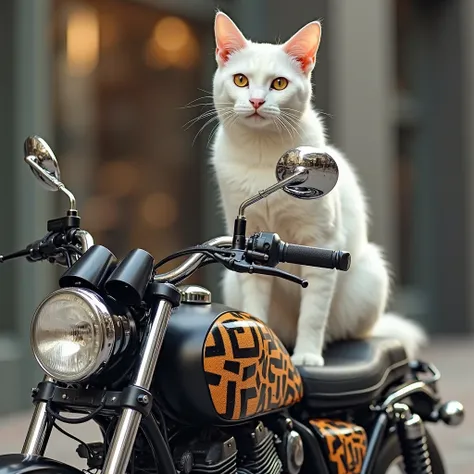 White cat riding a FENDI pattern motorcycle。