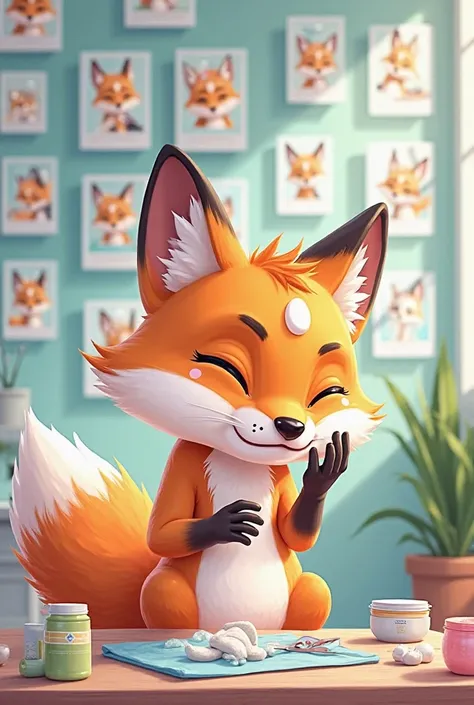 A fox doing skincare with lots of screenshots on the back of the wall