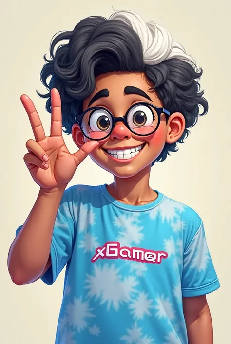 I want a cartoony white and black hair fluffy perm with a face with glasses and a smile with a little younger sticking out and he's doing a gang sign with a blue tie dye shirt that says xgamer

