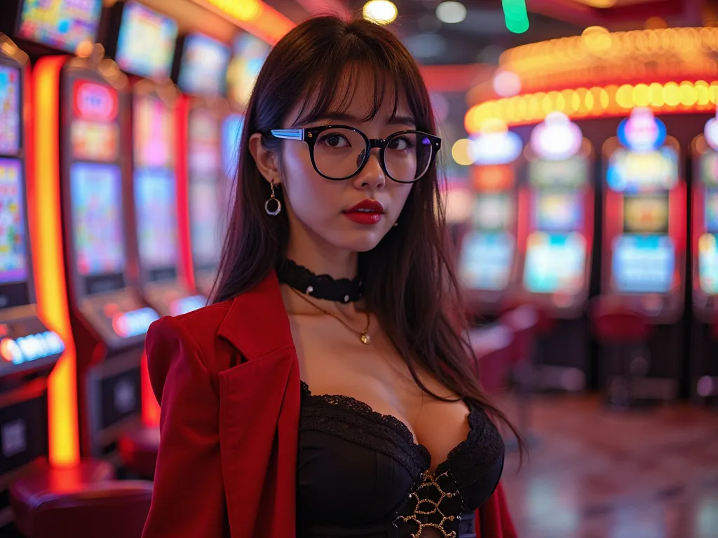 a beautiful korean chinese woman with sexy erotic body with big boobs in sexy teacher costume dyed black and red, and using glasses stands confidently in front of glittering casino machines.  Glamorous atmosphere with brightly colored lights and clinking c...