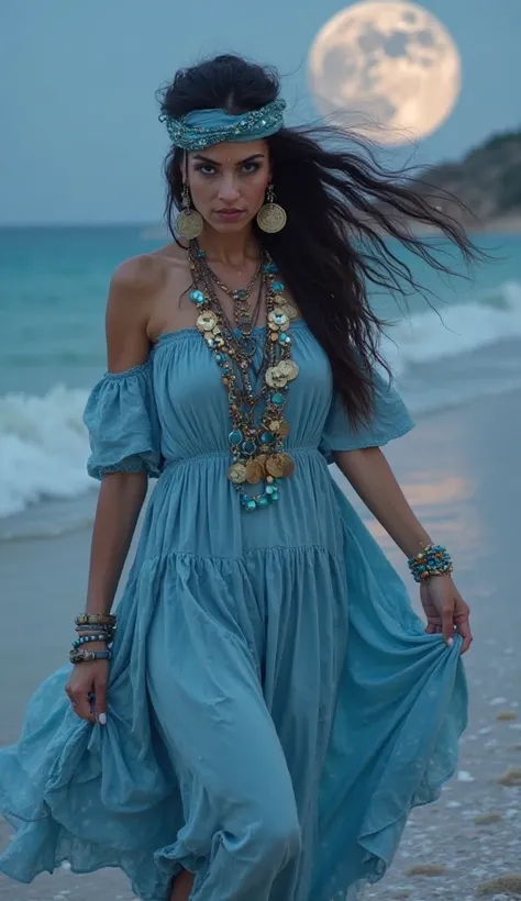 a gypsy woman, 40 years old, piercing gaze, long dark hair, with a light blue scarf with coins tied around her head, wearing a light blue dress with off-the-shoulders, flared skirt, wearing blue stone earrings and necklaces, wearing bracelets and rings, da...