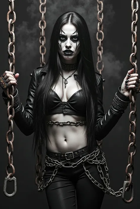 A hyper-realistic black-and-white studio photograph of a fierce black metal woman with long, flowing black hair. She is bound in heavy, rusted chains that wrap around her arms, torso, and legs, symbolizing the 'Chains of Destiny.' Her pale skin contrasts s...