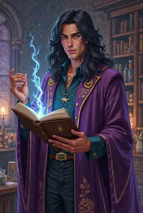 A portrait of a male magic teacher named Hellcat, inspired by the Harry Potter and Marvel universes. He has long, dark hair, wears a stylish robe adorned with mystical symbols. In one hand, he holds a wand that shines with magical energy,  and the other , ...