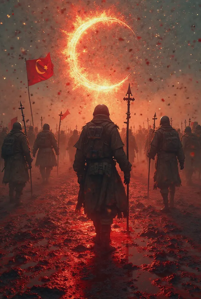 him " don't be afraid "  text , there will be a bird's eye view, enemy soldiers will attack from all sides, Anatolian soldiers will fearlessly defend, there will be blood on the ground, and from above the crescent and stars will be reflected on the blood
