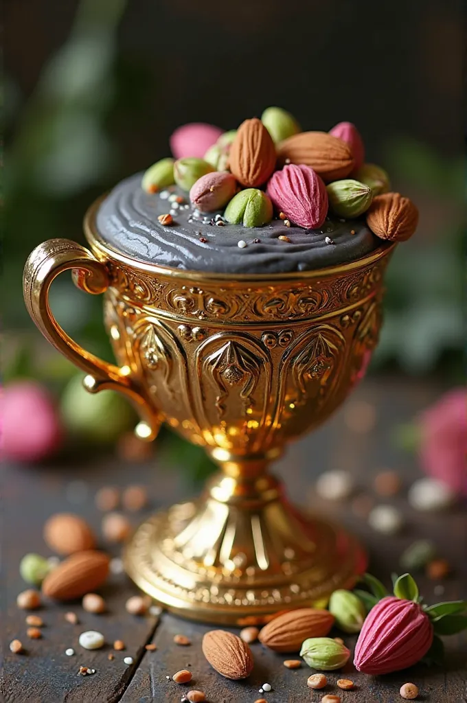 Create a photo of a global view of a golden royal cup of diameter 10 cm full of dark gray puree whose upper surface is smooth and covered by a decoration made with several almond kernels,  plusieurs grains de pistaches vert et rose et plusieurs graines de ...