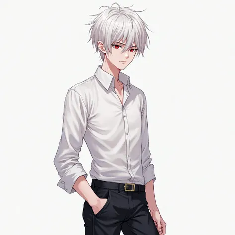 Adult albino guy,  his average physique , eye color red ,  hair color snow-white , the color of the eyebrows and eyelashes is brown, anime,  age 25 years , height 190 centimeters, with a serious face,  dressed in black pants and a white shirt  