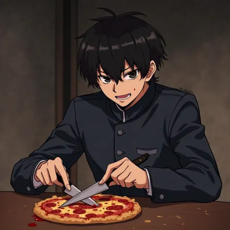 A scene showing a dark black Haired dark black eyed Gakuran Buttoned up Uniform anime boy someone deceitfully smiling while telling a lie,bloody, holding a knife, cutting a slice of pizza 