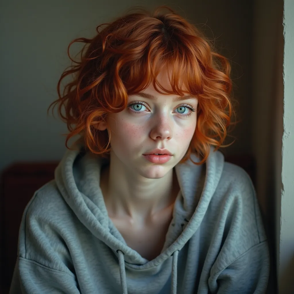 Short Red Curly Hair,Looking at viewers with aqua-colored eyes ,짙은 눈썹의 girl의 흉상, grey hoodie, high resolution,top quality, Masterpiece,Realistic,Photo Live-action,Professional,Intense colors, deep depth of field ,Atmospheric effect,Natural light,Precise de...