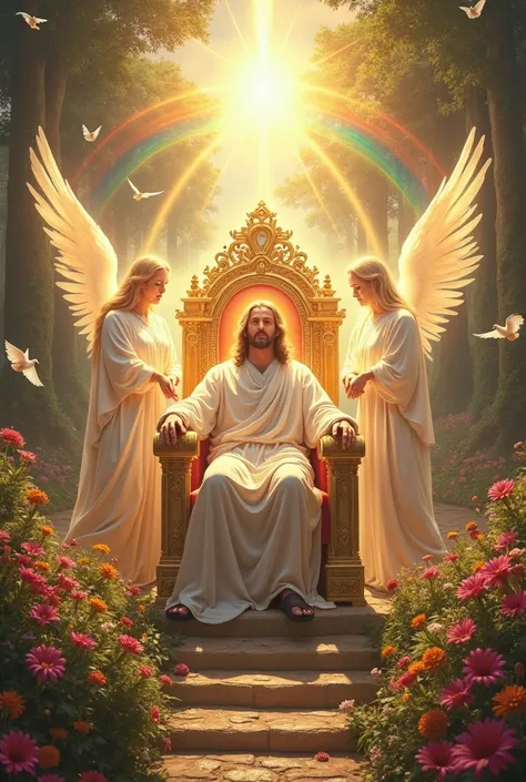 Create a cinematic scene of a paradise, a throne, with 3 golden chairs, God the Father sitting in the center, Jesus the Son seated at the right of God the Father, and on the left the illuminated Holy Spirit,  Around the throne , many flowers, Angels, anima...