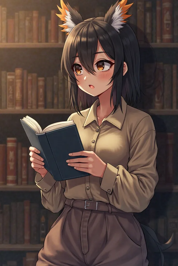 shy-looking, owl hybrid female, in a library, solo, wearing buttoned shirt and baggy pants, reading a book, feathers, black hair, blush, mole, multicolored black and brown hair, mole under eye, has 9wl ears, owl tail, owl wings, owl eyes, semi-realism