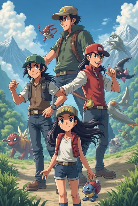 Pokemon trainers men with hats and strong and women's long dark hair and who are in the Pokemon drawing style
