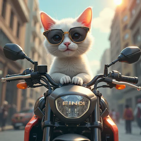 White cat wearing fat sunglasses on a motorcycle with the FENDI logo printed on it。