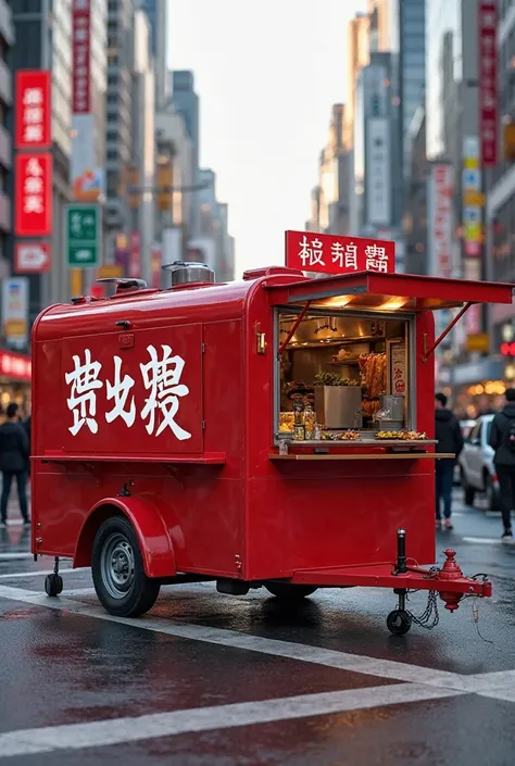 Create an image of a red food trailer written on it "Yakisoba purple" 