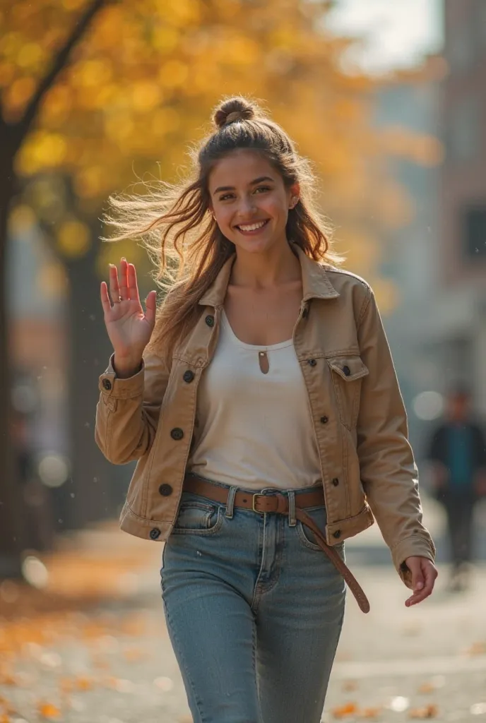  Take a half with a blurred background , perfect lighting, camera following , a girl smiling and walking quickly to the camera, raising her hand to greet the target.