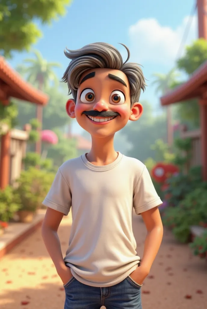 Create a 3D image ,  Pixar style. Boy with a mustache,  short gray hair , jeans with white short sleeve t-shirt,  blue jeans 