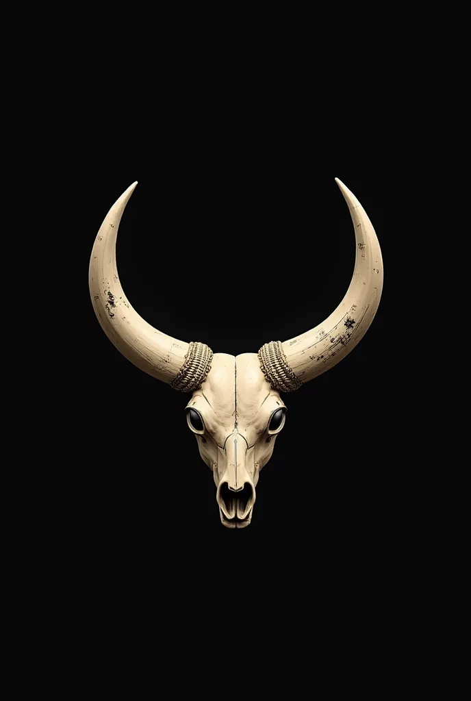 create a minimalist icon for a large bull horned king's crown, bone material, painted look, black background, dynamic view