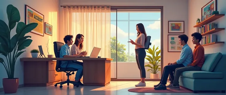 in an it training center office small room, a girl sit an executive chair with computer and in front of her two students admit and 3 others wait in a soft in right side. Cbm Academy logo must write in a wall and in corner a self with it materials. need vis...