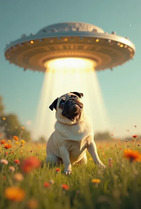 a pug in the field being abducted by a flying saucer