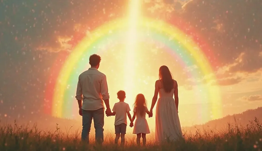  A family composed of parents and ren , holding hands, praying together outdoors ,  while a beautiful rainbow appears in the sky shortly after a rain. The scene conveys hope,  renewal and divine protection ,  according to the prayer of Psalm 91 ,  symboliz...