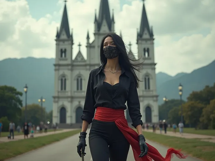  first a large church,  Woman Riding the Distance, com lace mask nos olhos,  straight black hair ,  with flowing red belt,  Black Leather Gloves ,  sneakers with black pants, black executive shirt with English collar between open, with black corset. sword....