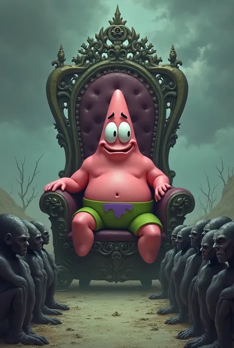 Spongebob's patrick is on the throne and in front of him, slaves kneel in front of his fly