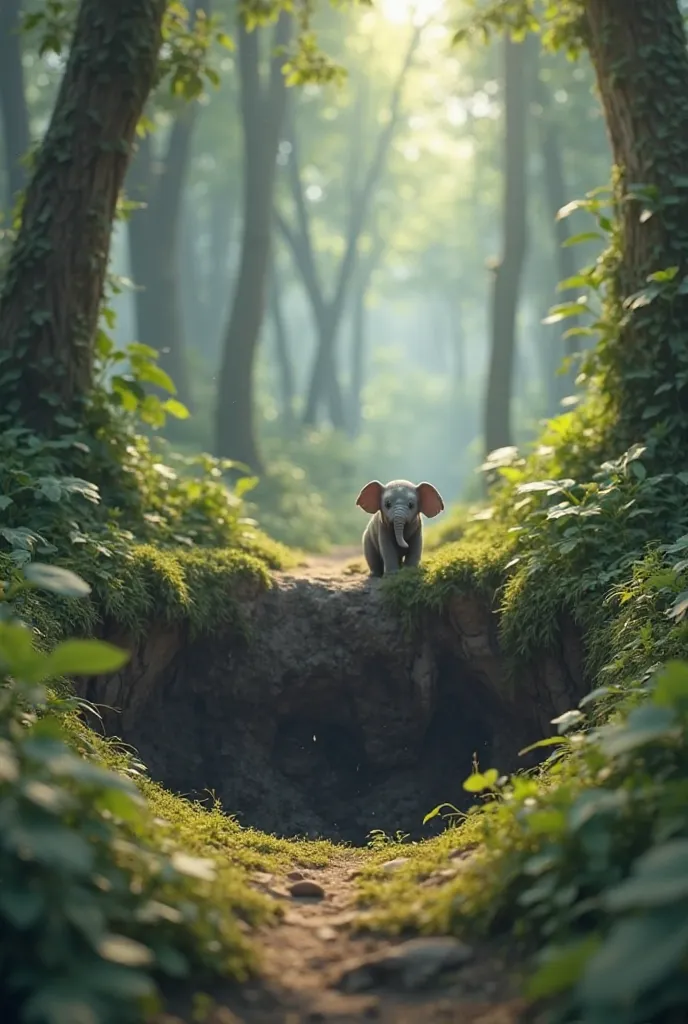 In a vast jungle, a small baby elephant has fallen into a large, deep hole. The little elephant is crying, its eyes filled with fear and sadness. The dense forest surrounds the scene, with sunlight casting shadows through the tall trees. The 3D quality is ...