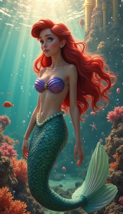 A breathtaking ultra-realistic 4K cinematic portrait of Ariel, the Little Mermaid, as if she existed in real life. She has long, flowing, vibrant red hair with natural waves, glistening under the golden light of the setting sun. Her deep blue eyes are fill...