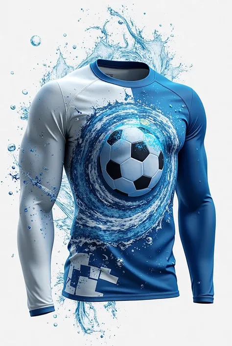 Long sleeve soccer t-shirt with water hurricane design and blue and white squares with soccer ball logo 