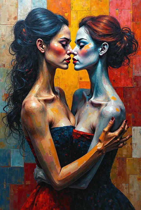 An abstract painting of two women almost kissing in an abstract and cubist way