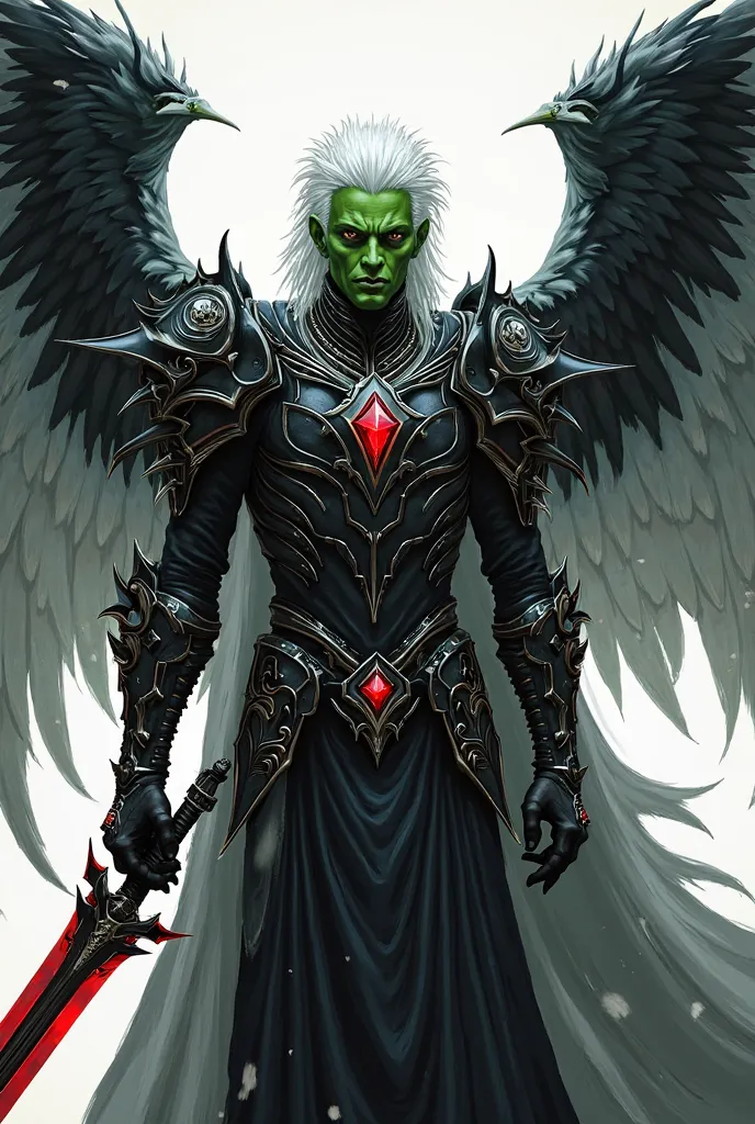 Make the image depicting an imposing being with green skin, white hair and a serious and powerful expression. He wears detailed black armor, with sharp shoulder pads and a long black cape with white leather details.  In the center of the chest , there is a...