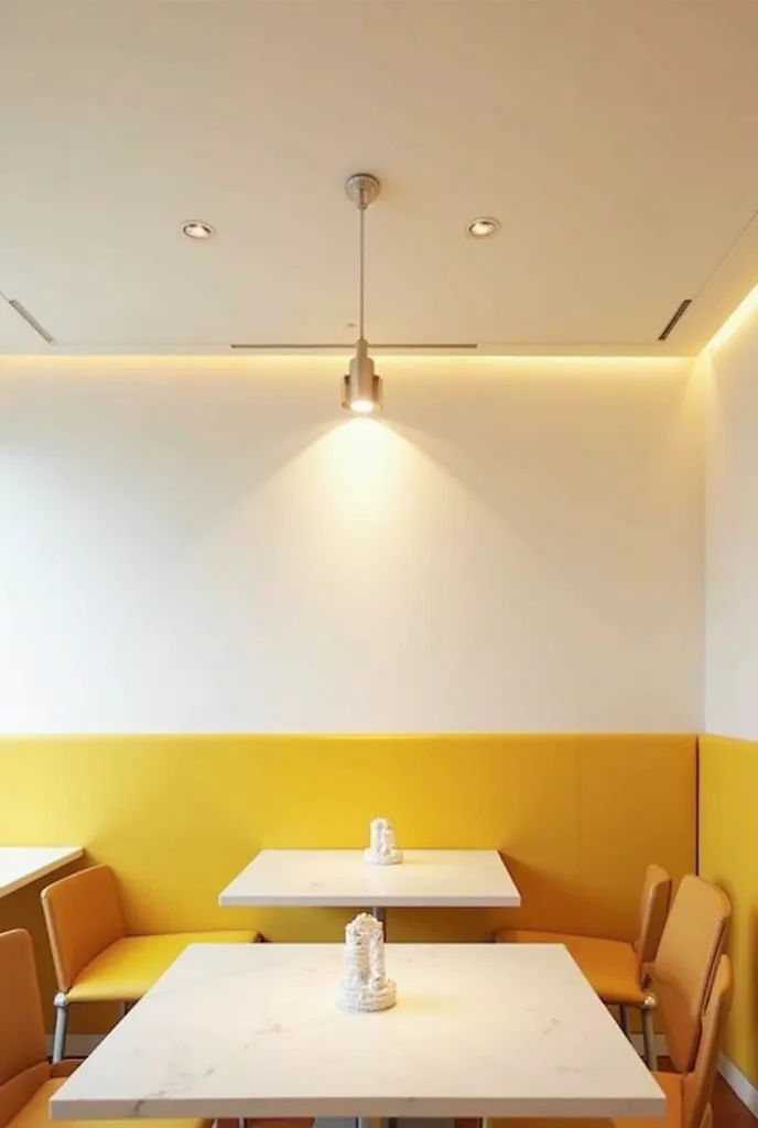 Picture a yakiniku restaurant with the ceiling painted white and the,walls are white, but only the bottom half is painted light yellow