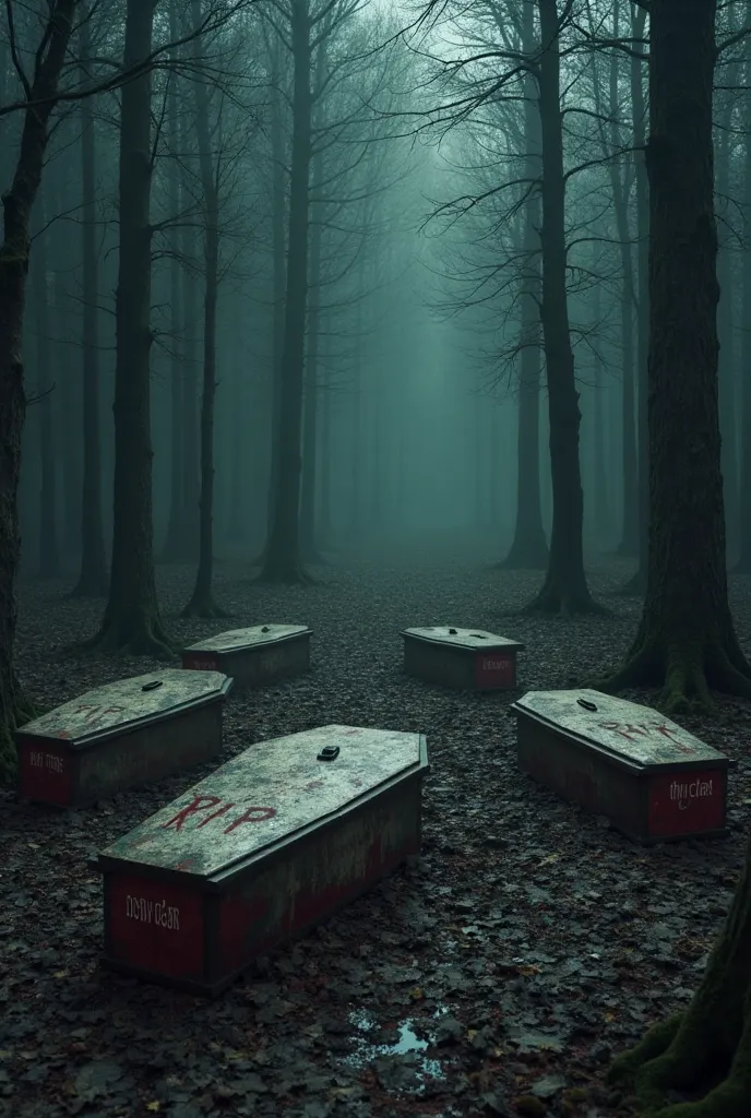 My idea is 
5 caskets scattered in a forest with a dark setting
Every casket written "RIP New dream"
Two showers on the back one with "dd" and other "little" written on the back
Blood on the floor 
And the title Nightmare