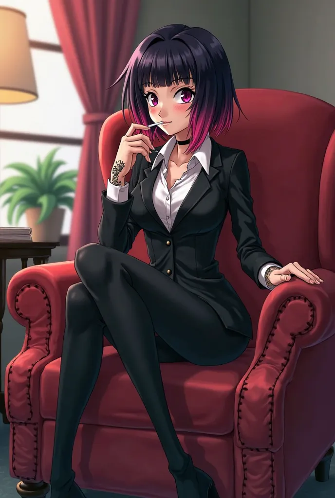  Anime: Marinette Dupain Cheng was sitting on her office armchair smoking a cigarette, she looks like a rebellious girl *Her hair was dark pink,  shoulder length, and dyed at the tips in black, while her skin was pale and covered with tattoos on her arms a...