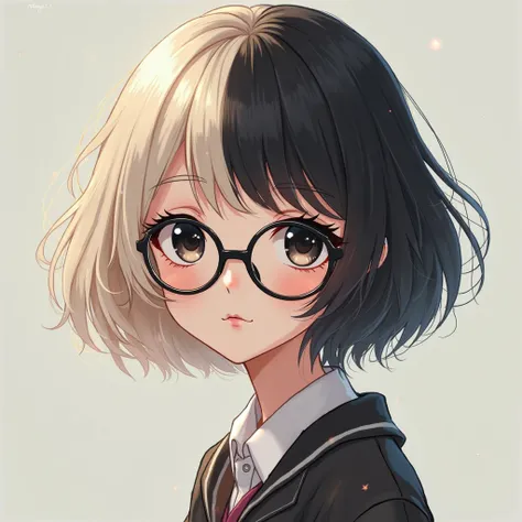 short blonde to black Fluffy Middle Swept Hair style hair, black eyes, white skin color,  nerd glasses, anime