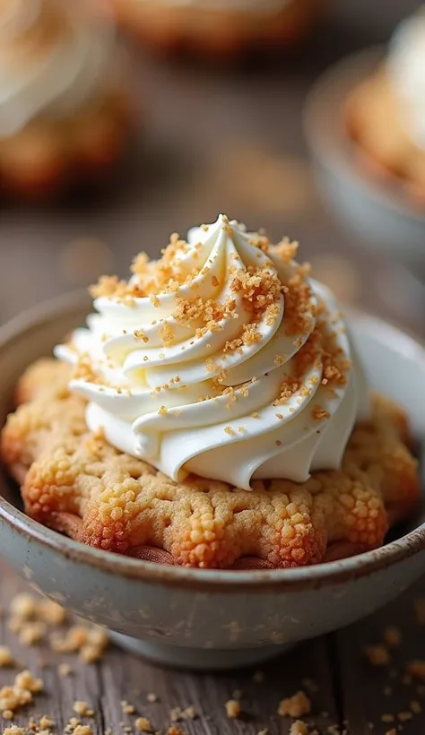 Hgraphic elements, Dynamic Light, Cinematics, HDR, UHD, professional PHOTOGRAPH OF:

““Whipped Cream Temptation”
Focus on a cookie served in a stylish bowl with a generous swirl of whipped cream on top, accented with a sprinkle of crushed hazelnuts and dri...