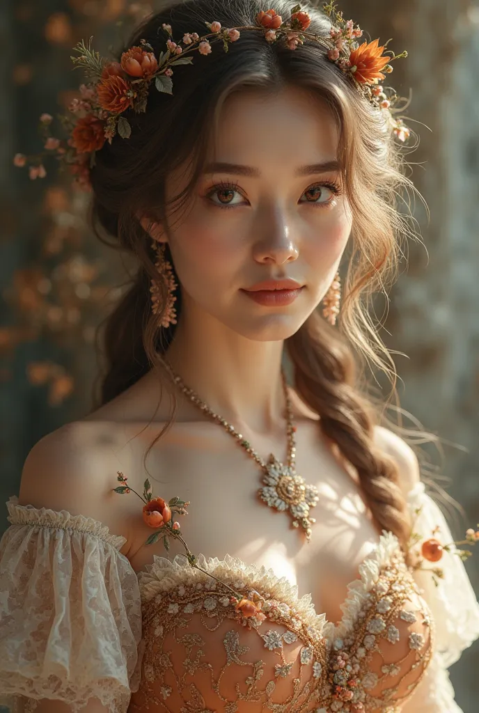 A beautiful woman 
The clothes have to be fully decorated, The chestnuts,  light brown hair  