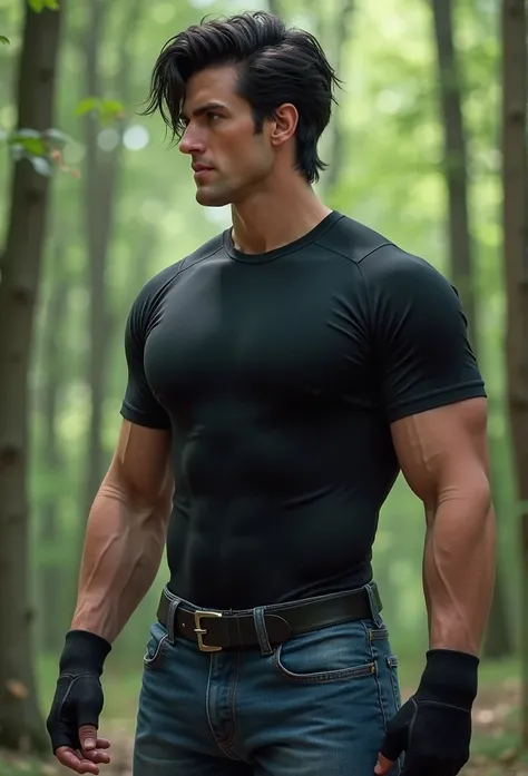  medium muscular body . messy black hair thrown aside  ,    blue eyes,    black Compression T-shirt ,   blue denim pants,   He wears fingerless black gloves for combat  .  He has an athletic body . in a forest, ,   screenshot