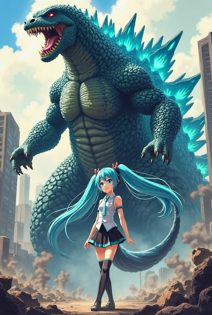 Create a metadata of Hatsune Miku and Godzilla with 2D drawing art to use with someone 