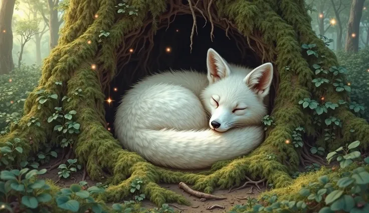 A white fox is curled up asleep in a mossy hollow of a tree trunk in a lush, overgrown forest. The fox is positioned in the center-middle ground, nestled amongst the roots and moss.  Its fur is soft and fluffy, with a detailed texture. The fox appears rela...