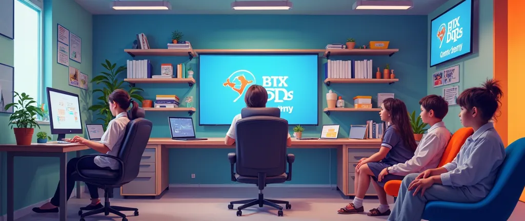 in an it training center office small room, a girl sit an executive chair with computer and in front of her two students admit and 3 others wait in a soft in right side. Cbm Academy logo must write in a wall and in corner a self with it materials. need vis...