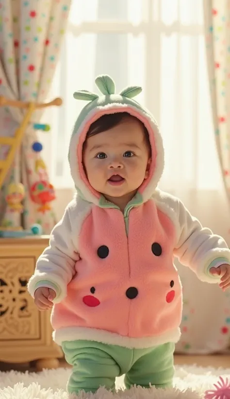  reality、Photo quality of cute and chubby babies、she's wearing a watermelon costume。. she's standing. She is white、I'm using my cheeks ,  toys and curtains swaying in the sunshine、underside of a cozy guard ,Core Pastel.
  staring directly at the camera , H...