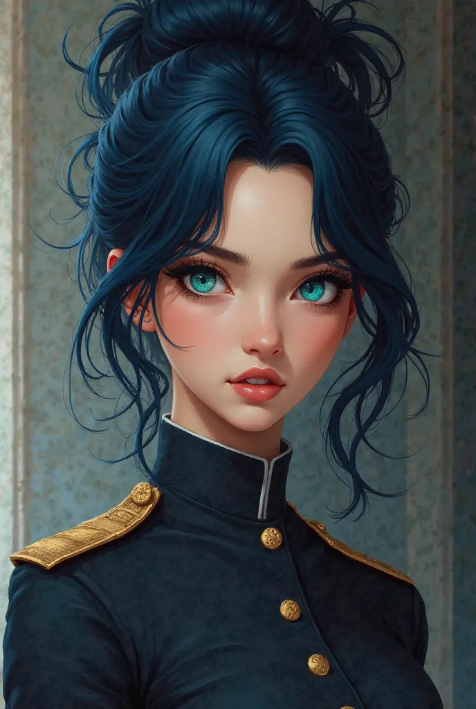 Can you make a beautiful woman with teal blue eyes navy blue straight hair in a high messy ponytail fair skin and she is 6,1 tall with a little cute gap in her teeth and is an officer