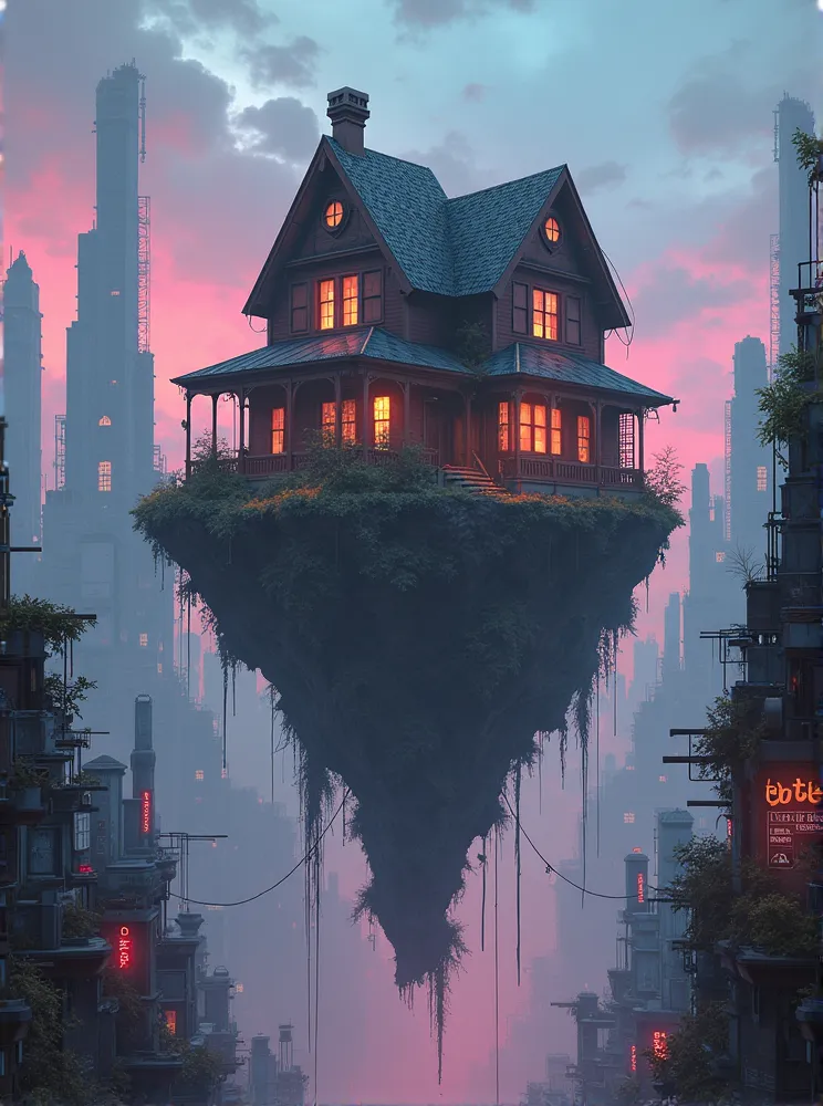 floating small island on it cyberpunk style with dilapidated big house with alley intertwined wall with light advertising with dystopian atmosphere