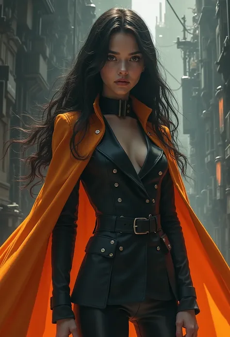 long black-haired white 17-year-old girl wear military suit, orange cape, big hazel eyes, sci-fi, dark mood, charturnerv2