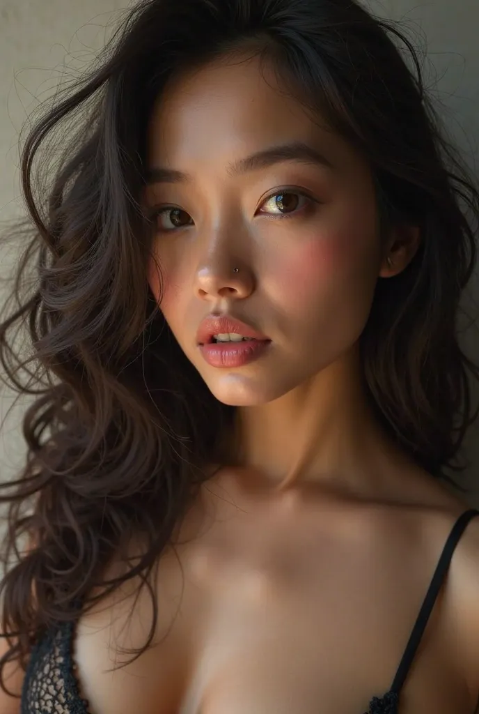 A curvy asian girl with long curly hair and big lips and nose job