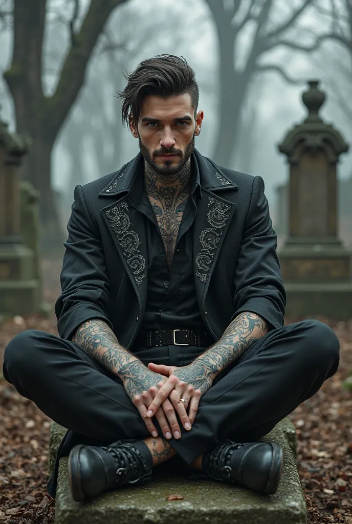  handsome man ,  megarealist , short hair with dark color gradient, brown eyes, with beard, tattooed, Gothic dress in a cemetery sitting on a grave 