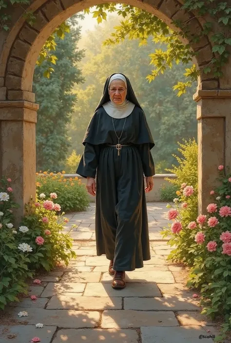 An elderly Augustinian nun, with a serene gaze and humble gesture, walking slowly through a cloister surrounded by flowery gardens and leafy trees, with a golden light that symbolizes the divine presence. Painting style inspired by Claude Monet, with soft ...