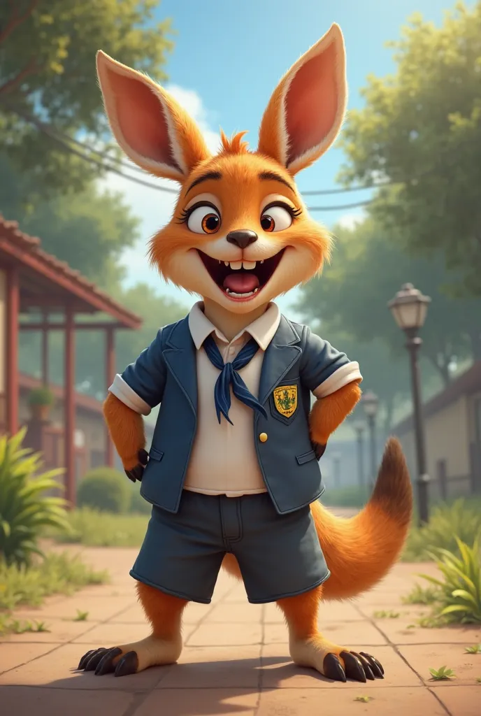 Happy kangaroo with school tunic and dark blue ribbon as a realistic school uniform in Uruguay